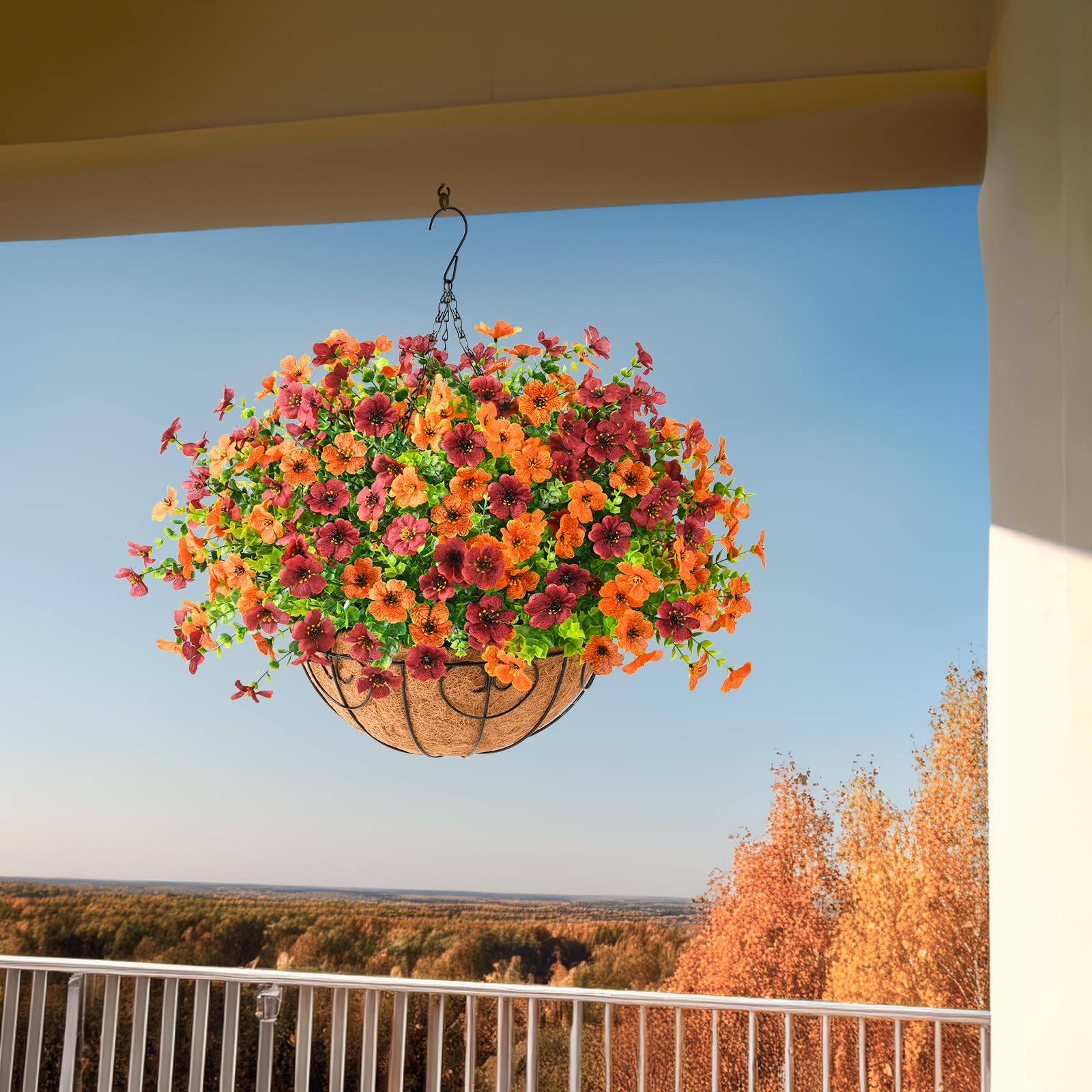 ZFProcess hanging flowers basket displayed on a balcony