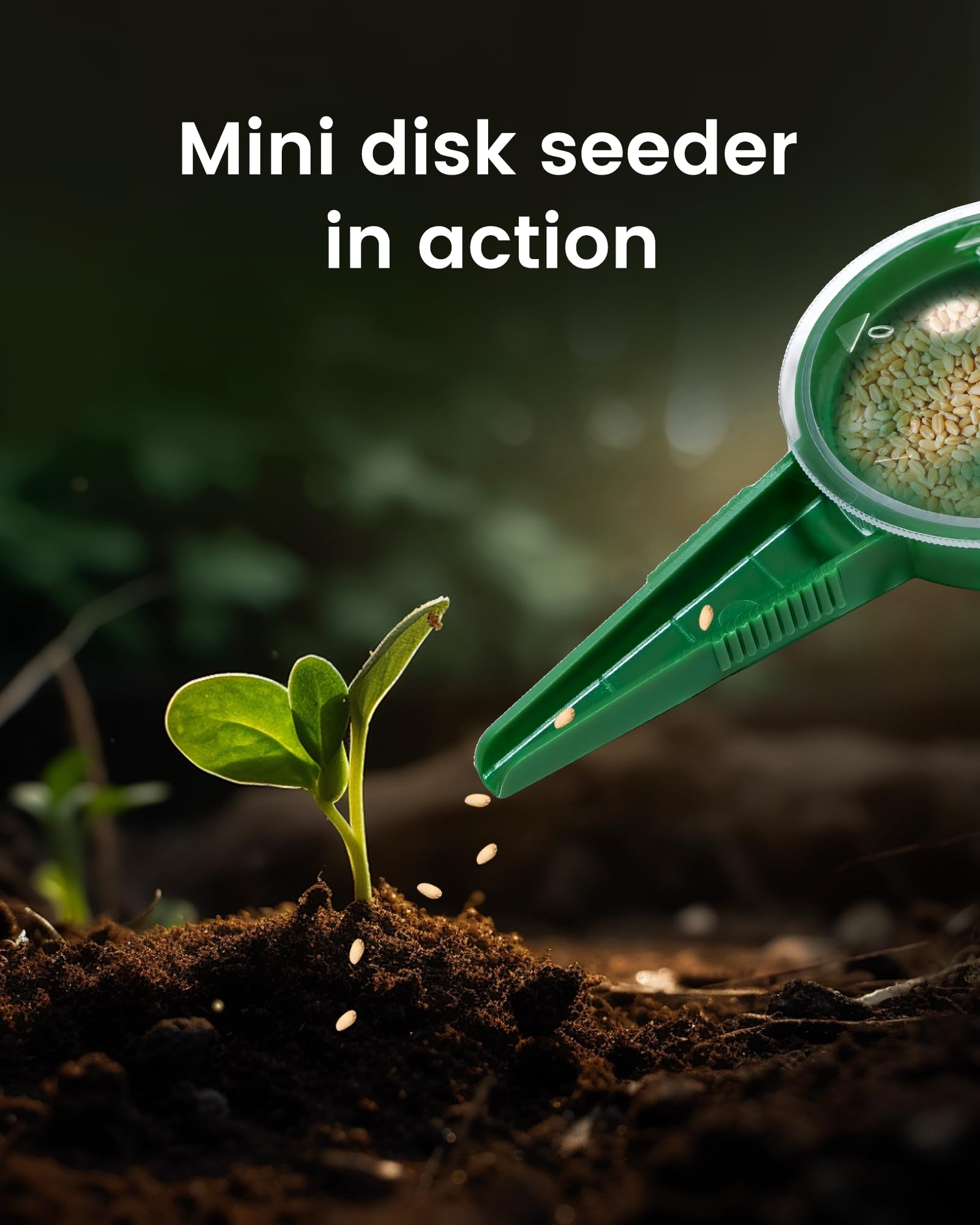 ZhenD Mini Seed Spreader Set, side view showing buttons