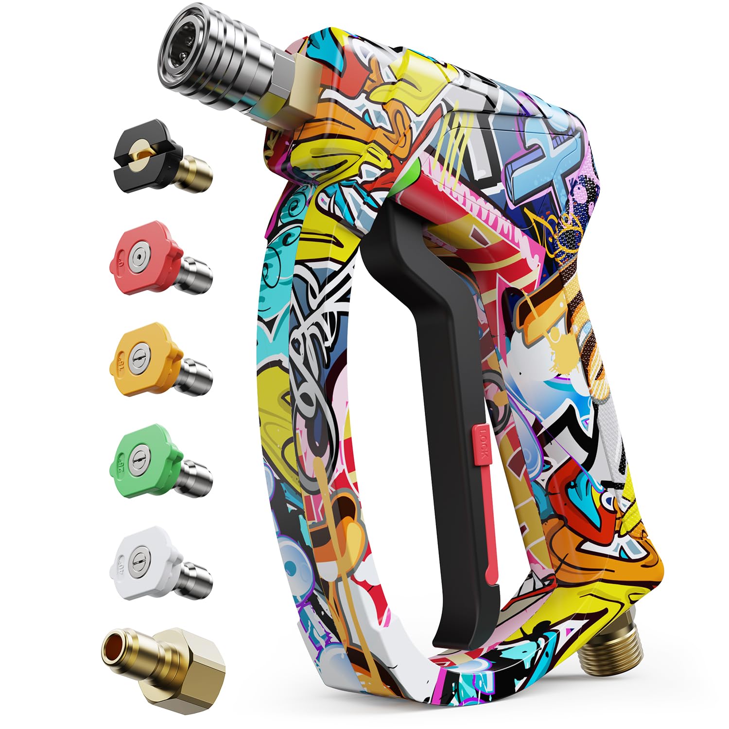 Zhevebaga Short Pressure Washer Gun front view with nozzles