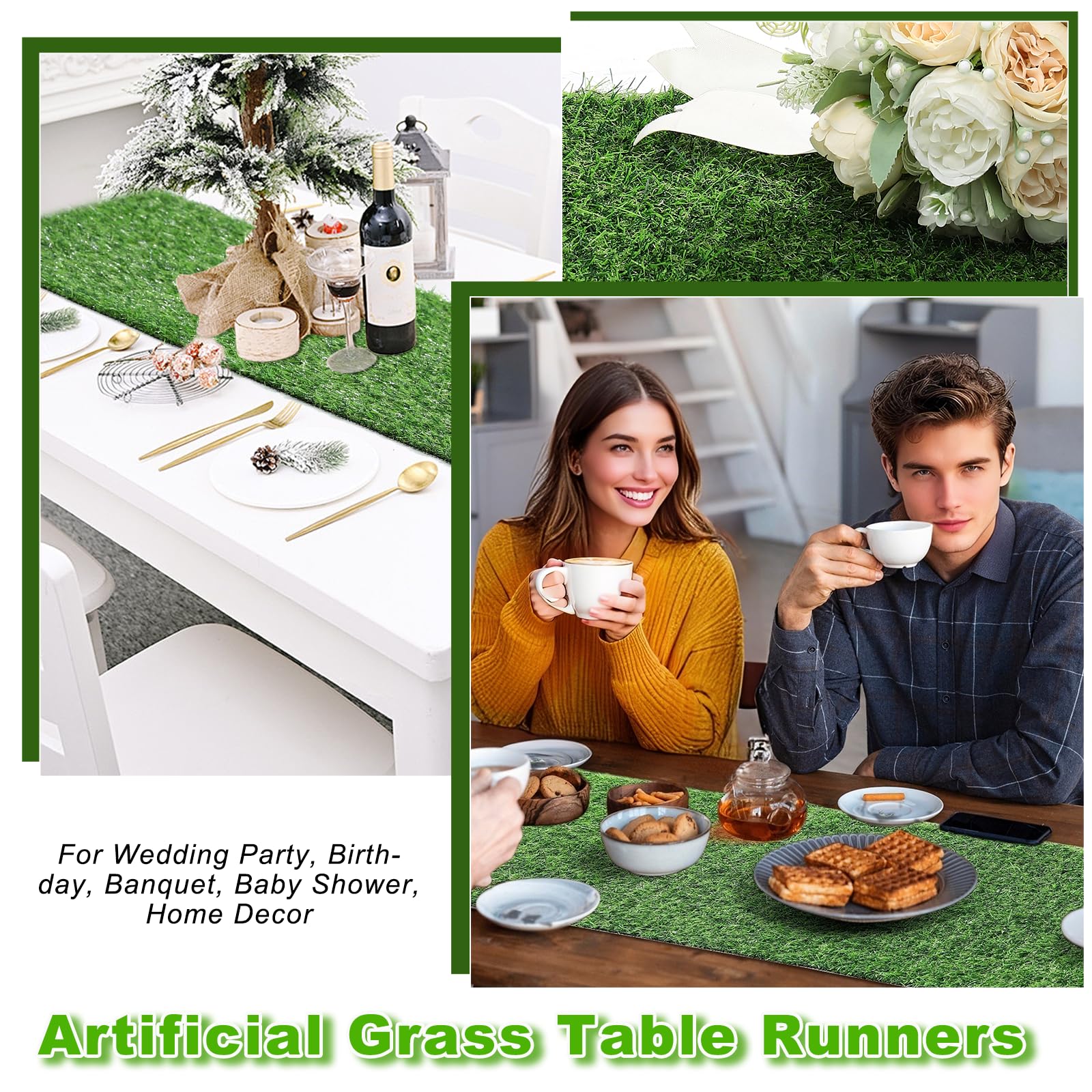 ZHOUXITU artificial grass table runner displayed at a party