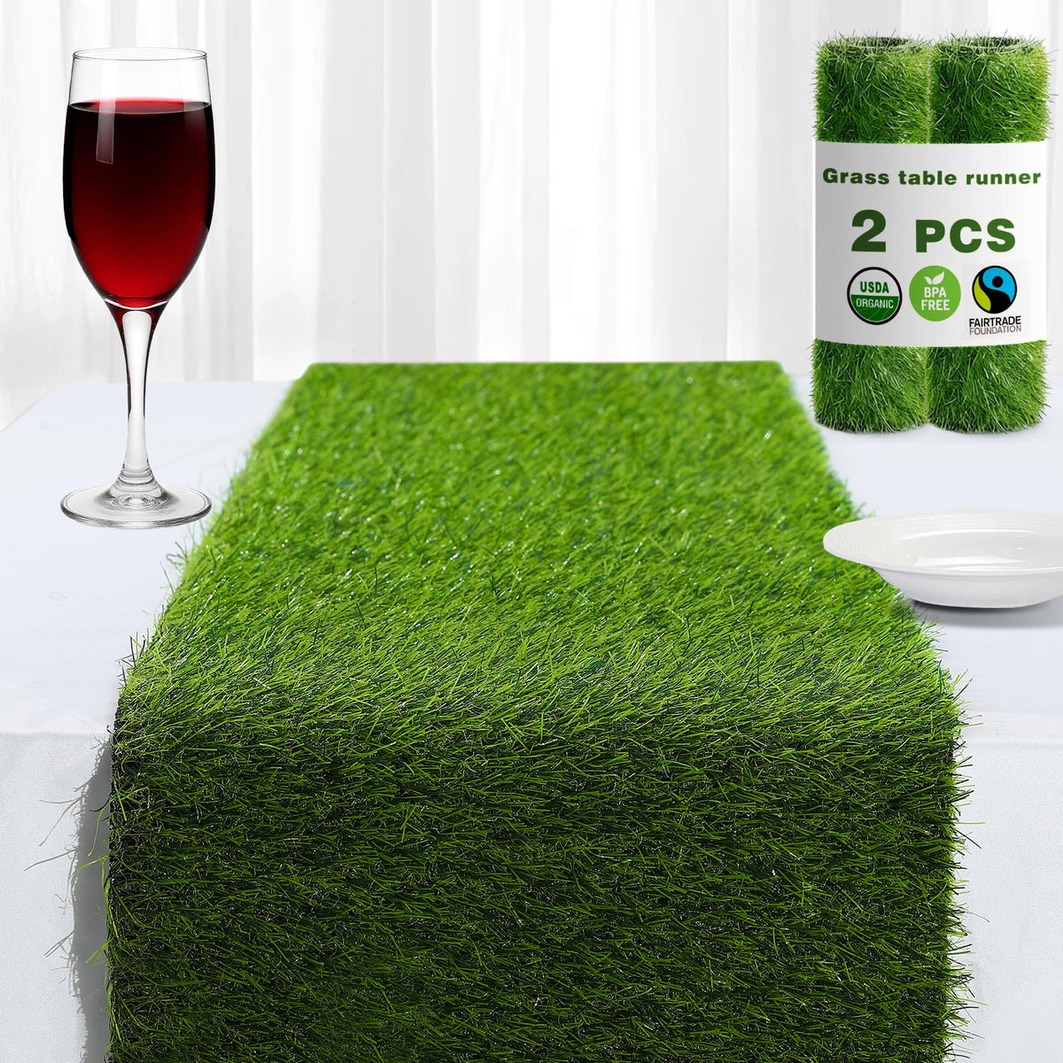 ZHOUXITU Artificial Grass Table Runner front view, green color, 13x36 inches