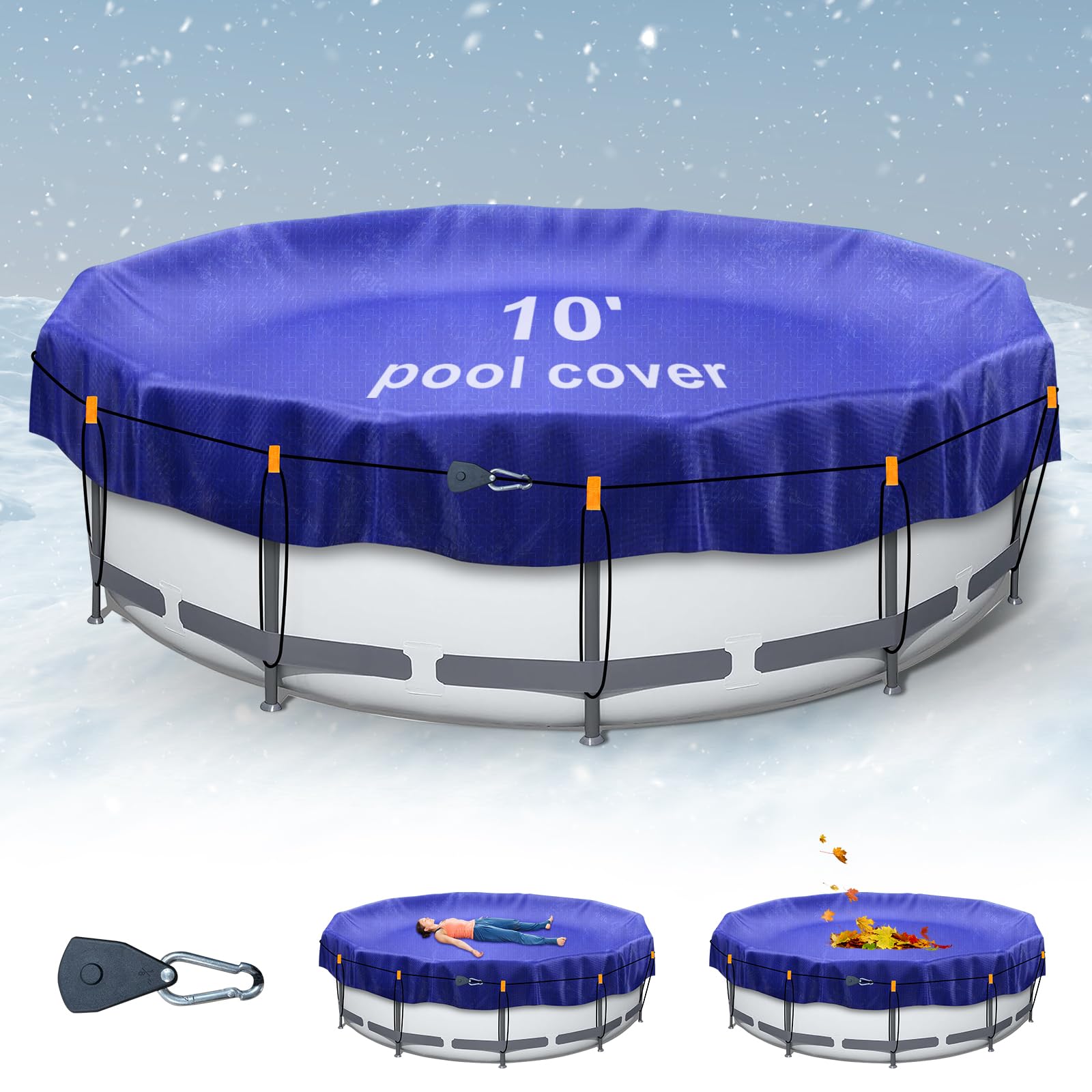 ZHSX 10ft Round Winter Pool Cover, blue fabric front view