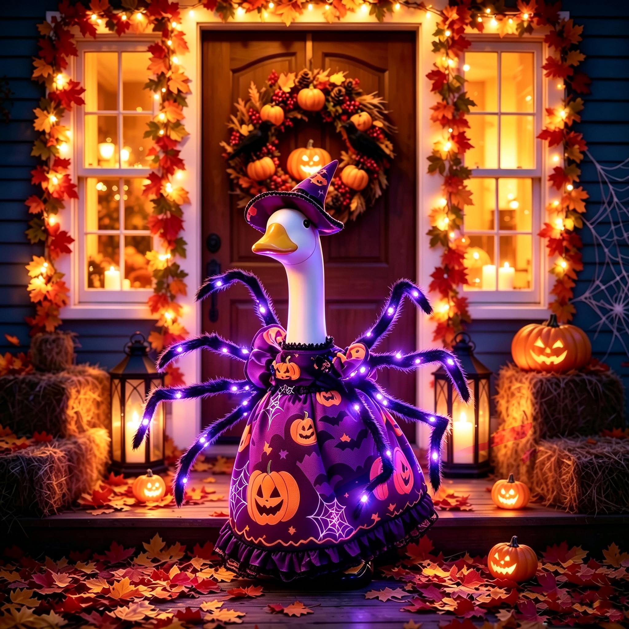 ZHZHLED Porch Goose Halloween Outfit displayed in a garden setting