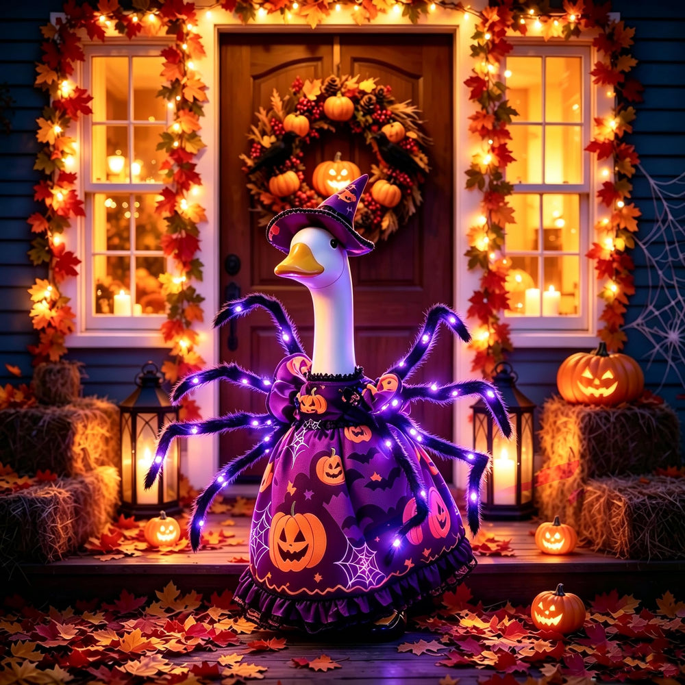 ZHZHLED Porch Goose Halloween Outfit displayed in a garden setting
