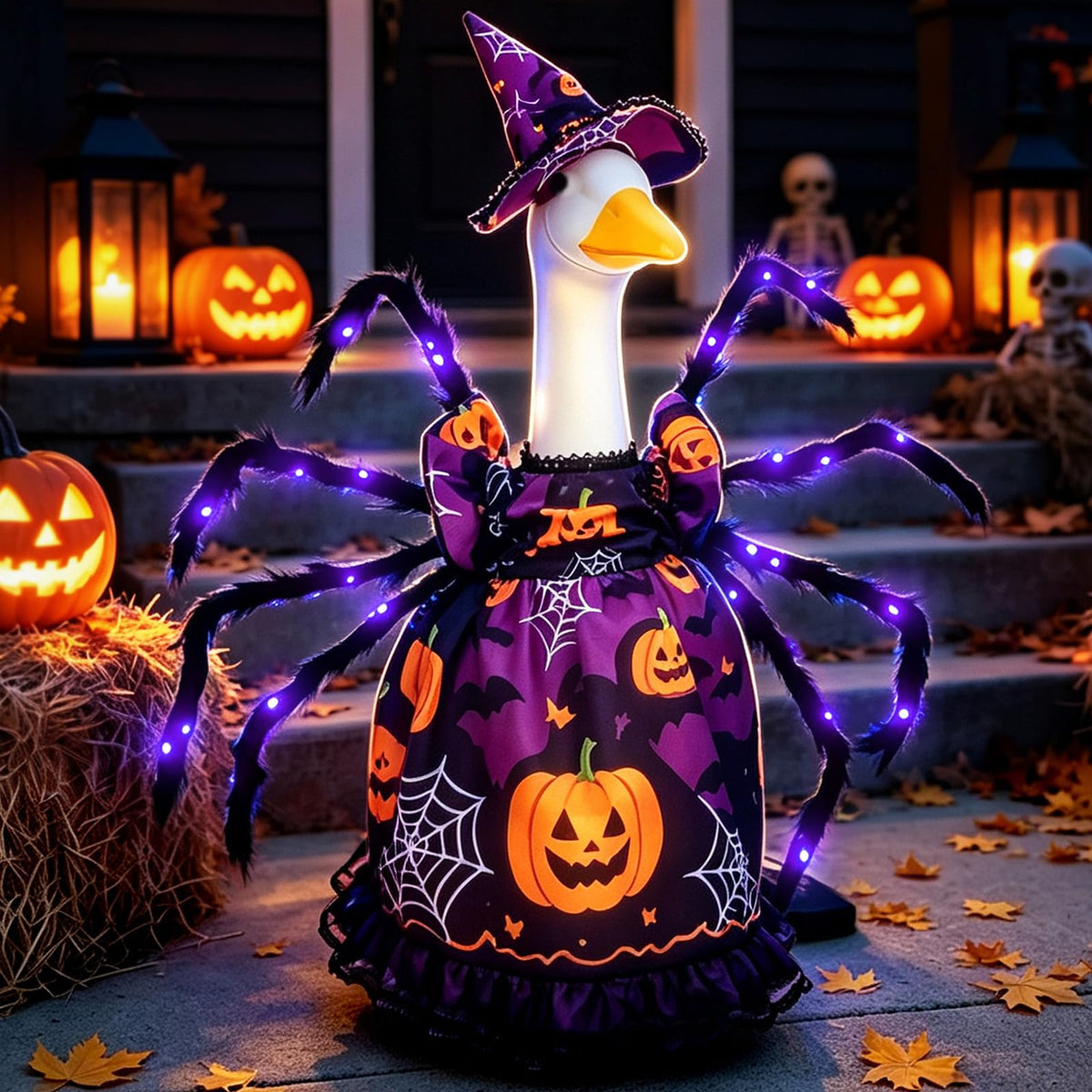 ZHZHLED Porch Goose Halloween Outfit featuring a light-up spider on a black witch dress