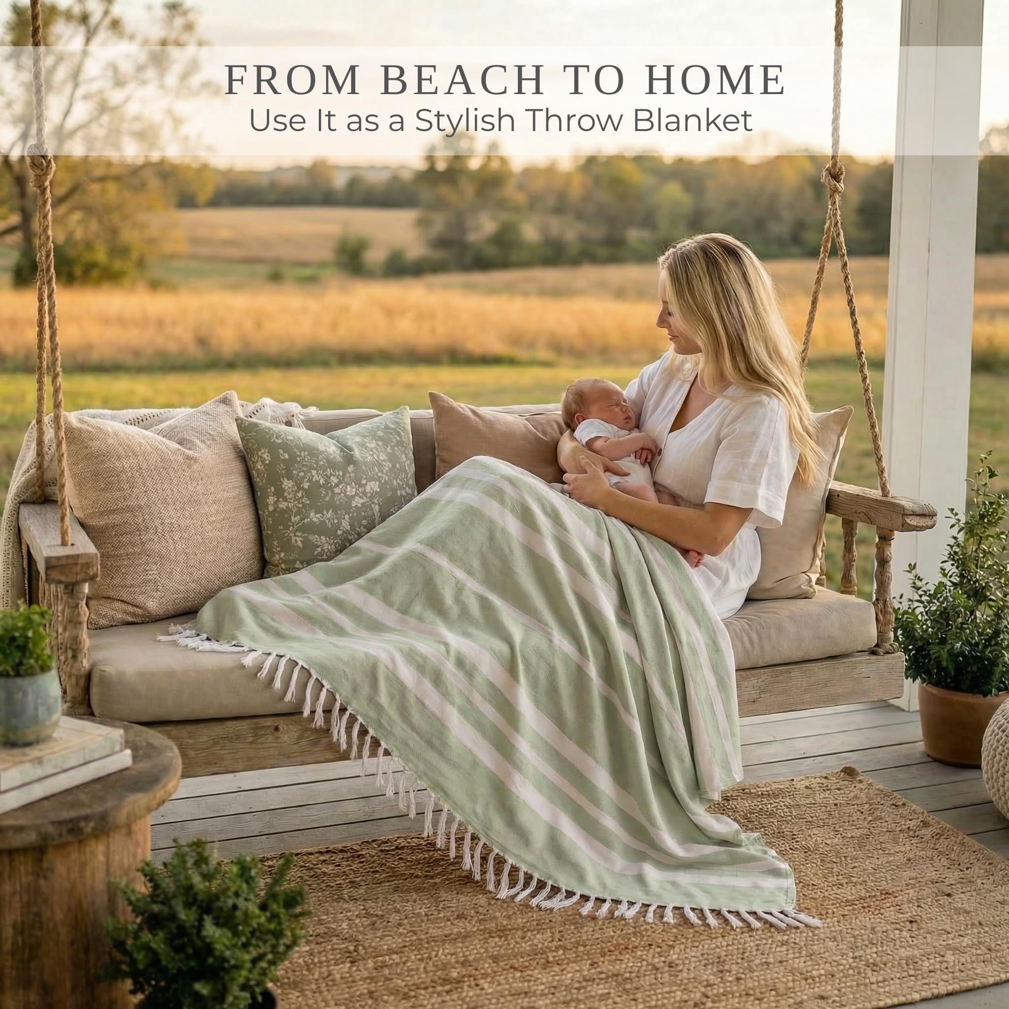 ZICOTO Beach Blanket in sage colour, lifestyle scene at the beach