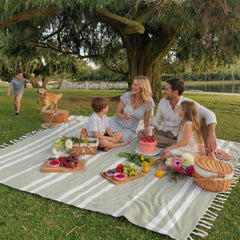 ZICOTO Beach Blanket with tassels, laid out on sand