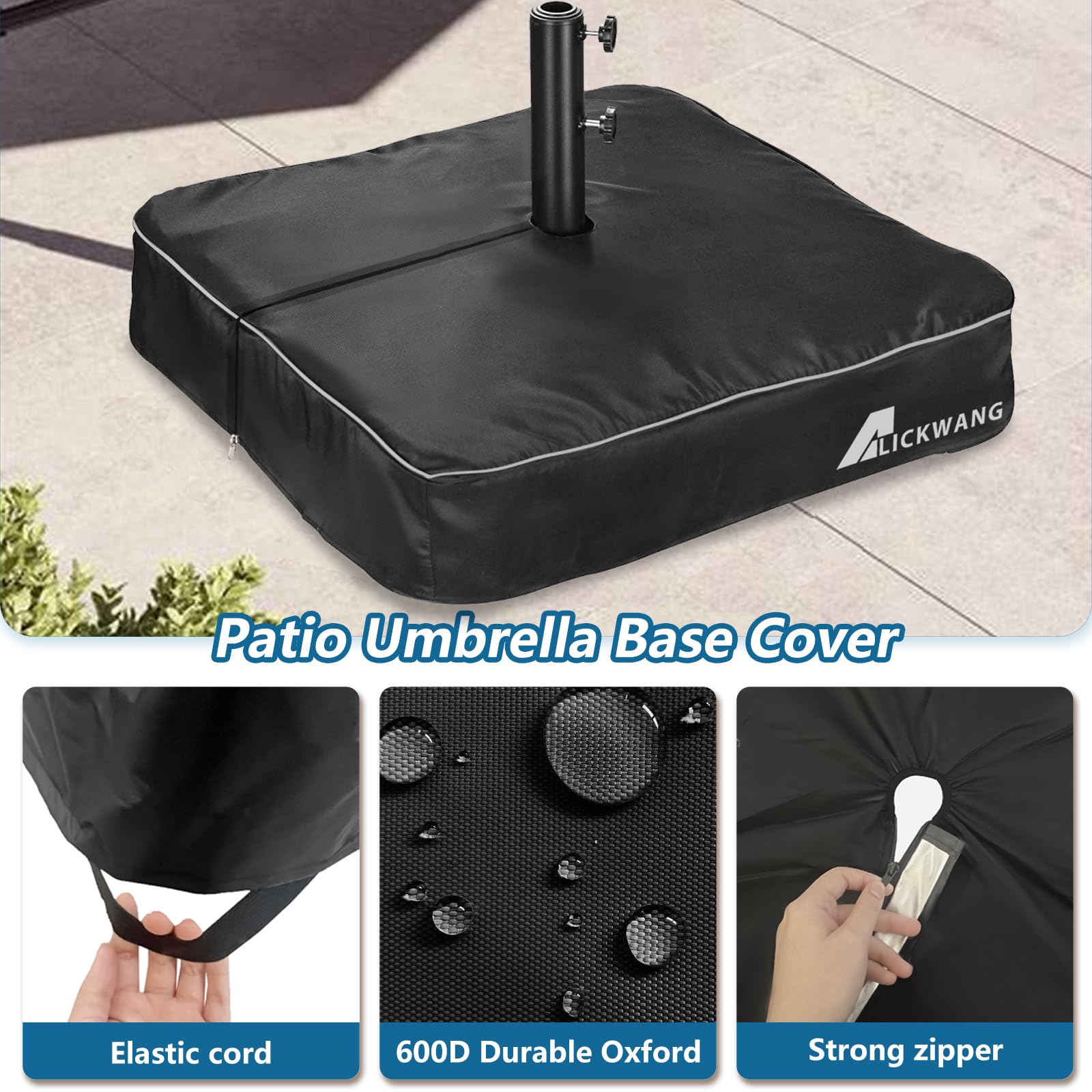 Zipper detail of Alickwang Patio Umbrella Base Cover, showcasing easy installation