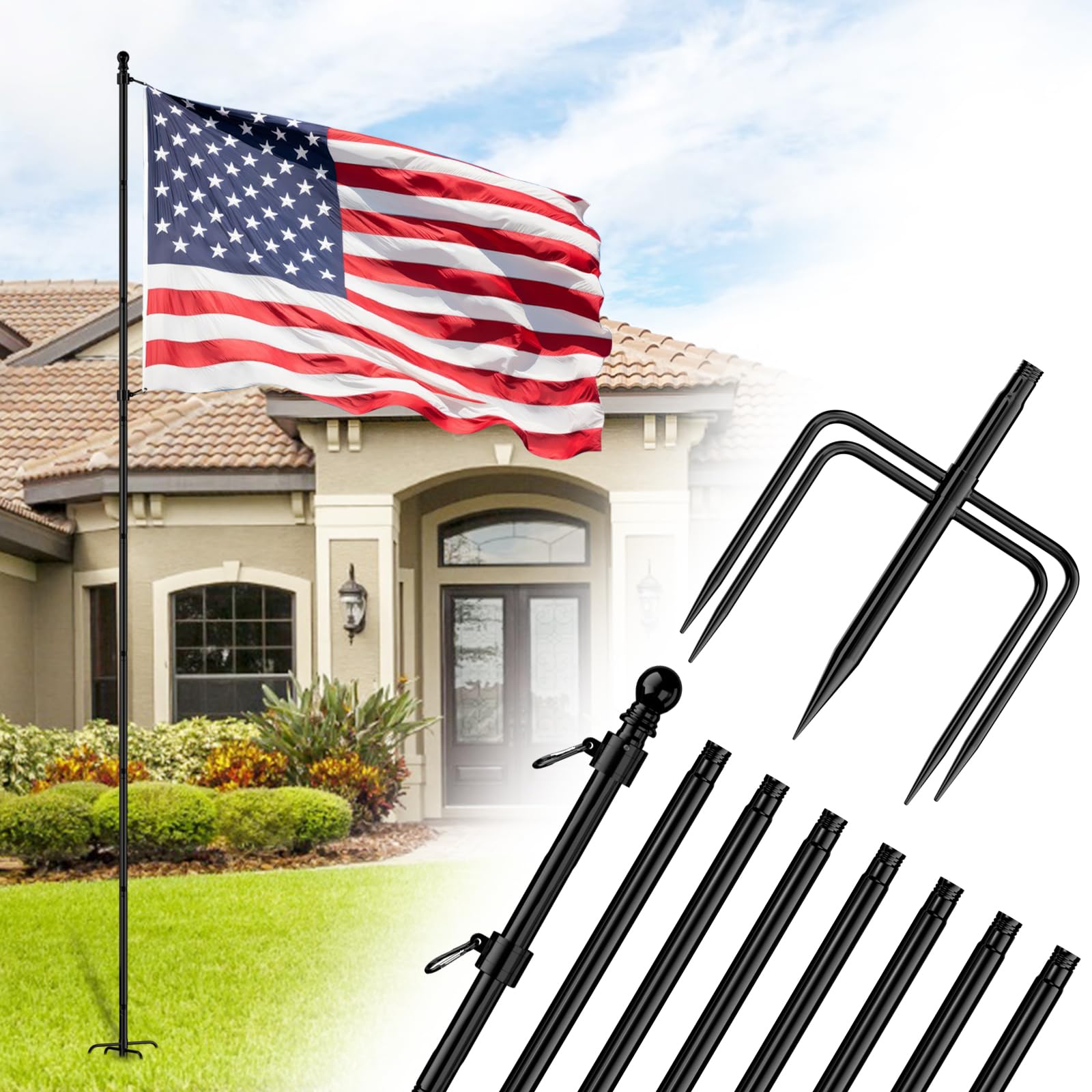 ZMTECH 10 FT flag pole with 5 prong base in black