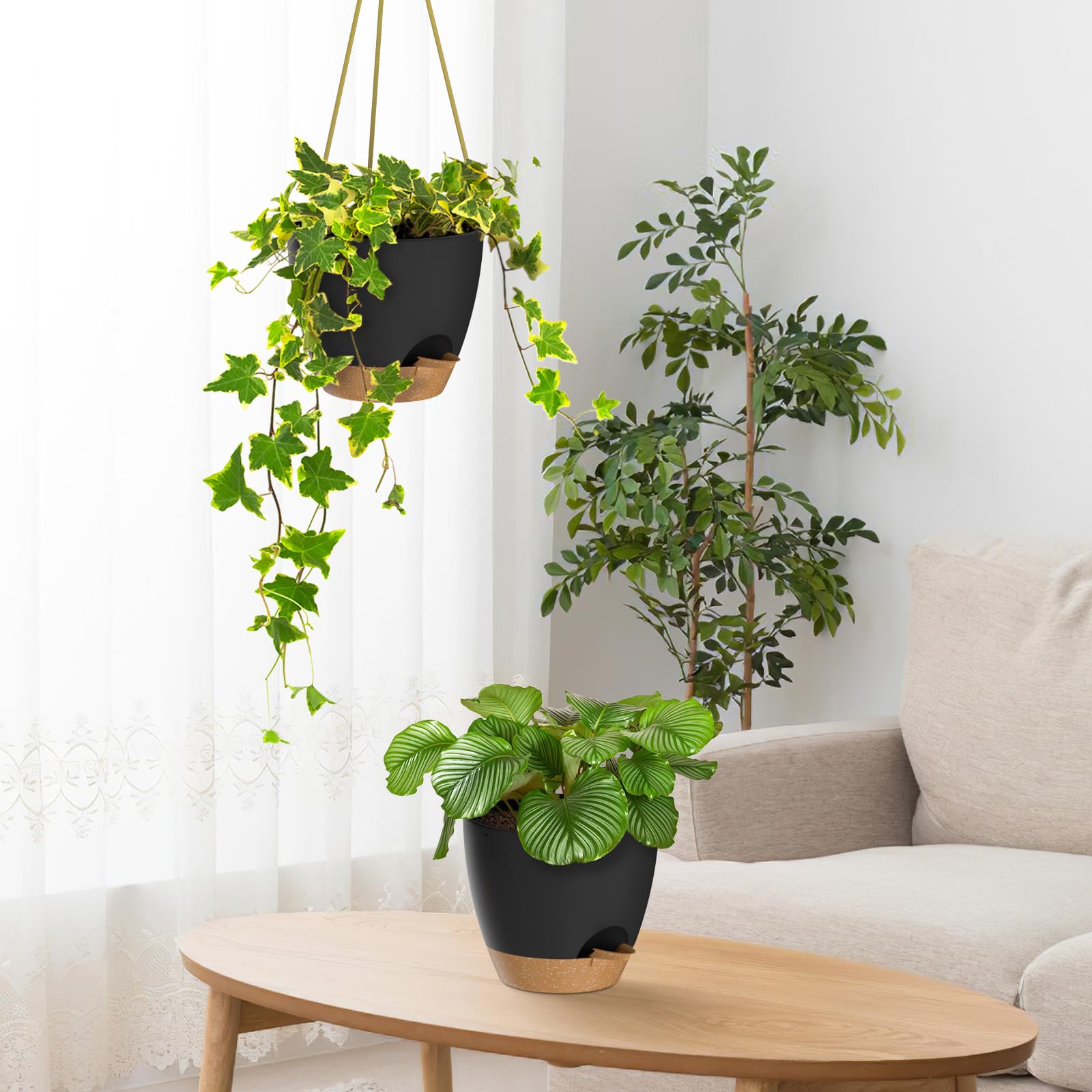 ZMTECH 8 Inch Hanging Planter black minimalist design in a garden