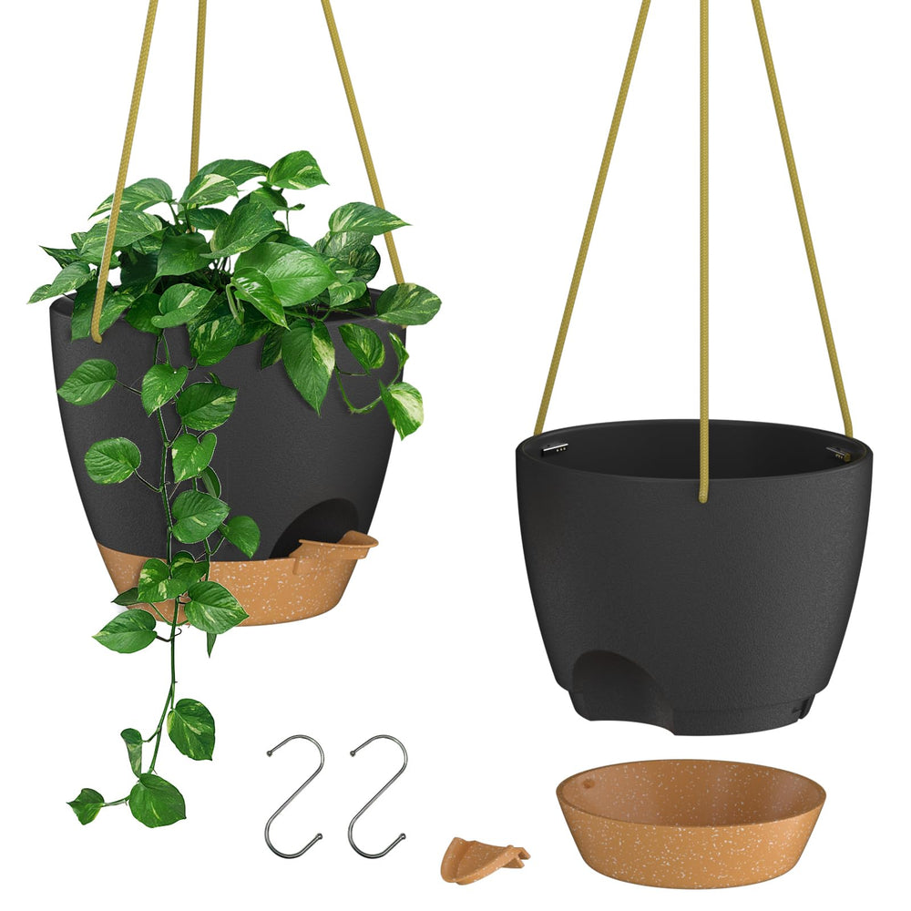 ZMTECH 8 Inch Hanging Planter black model front view with saucer