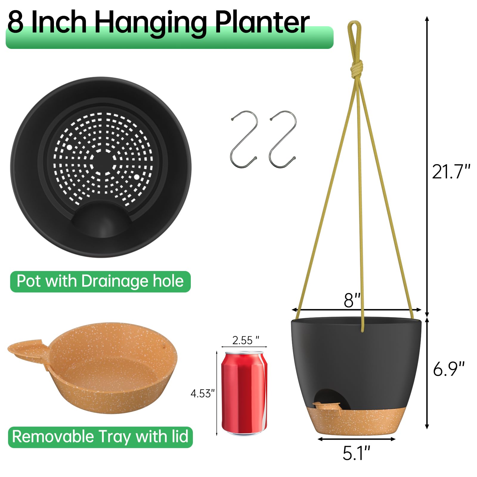 ZMTECH 8 Inch Hanging Planter showing drainage holes and watering lip