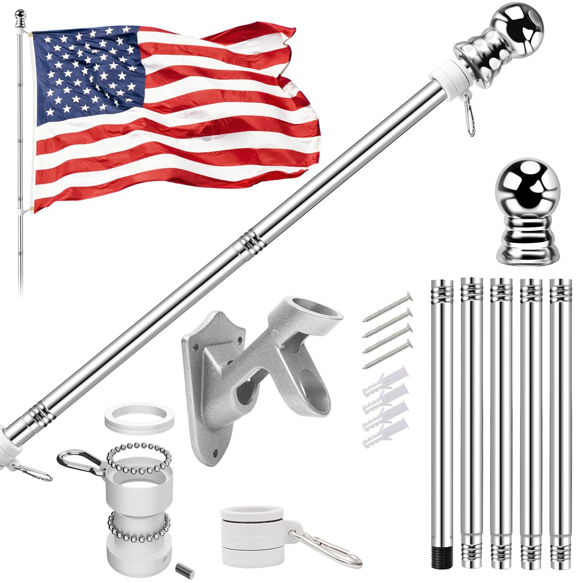ZNNOPAX 5 FT Flag Pole with 3x5ft American Flag, silver