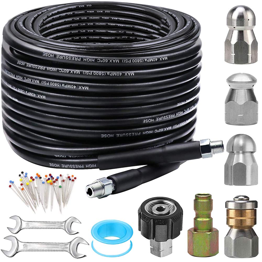 ZOFINE Sewer Jetter Kit 100FT with six nozzles and accessories