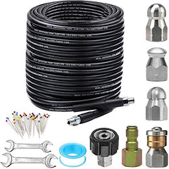 ZOFINE Sewer Jetter Kit 150FT with accessories laid out
