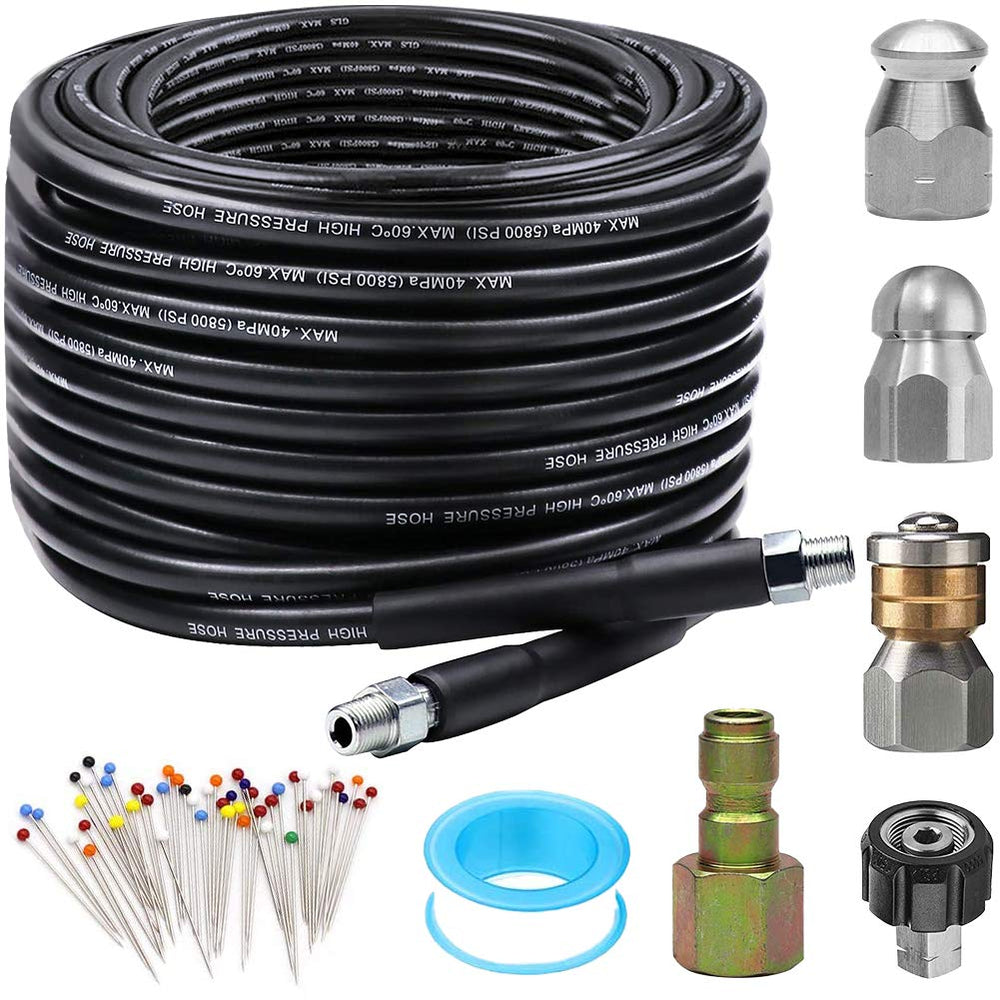 ZOFINE Sewer Jetter Kit 50FT with multiple nozzles and accessories