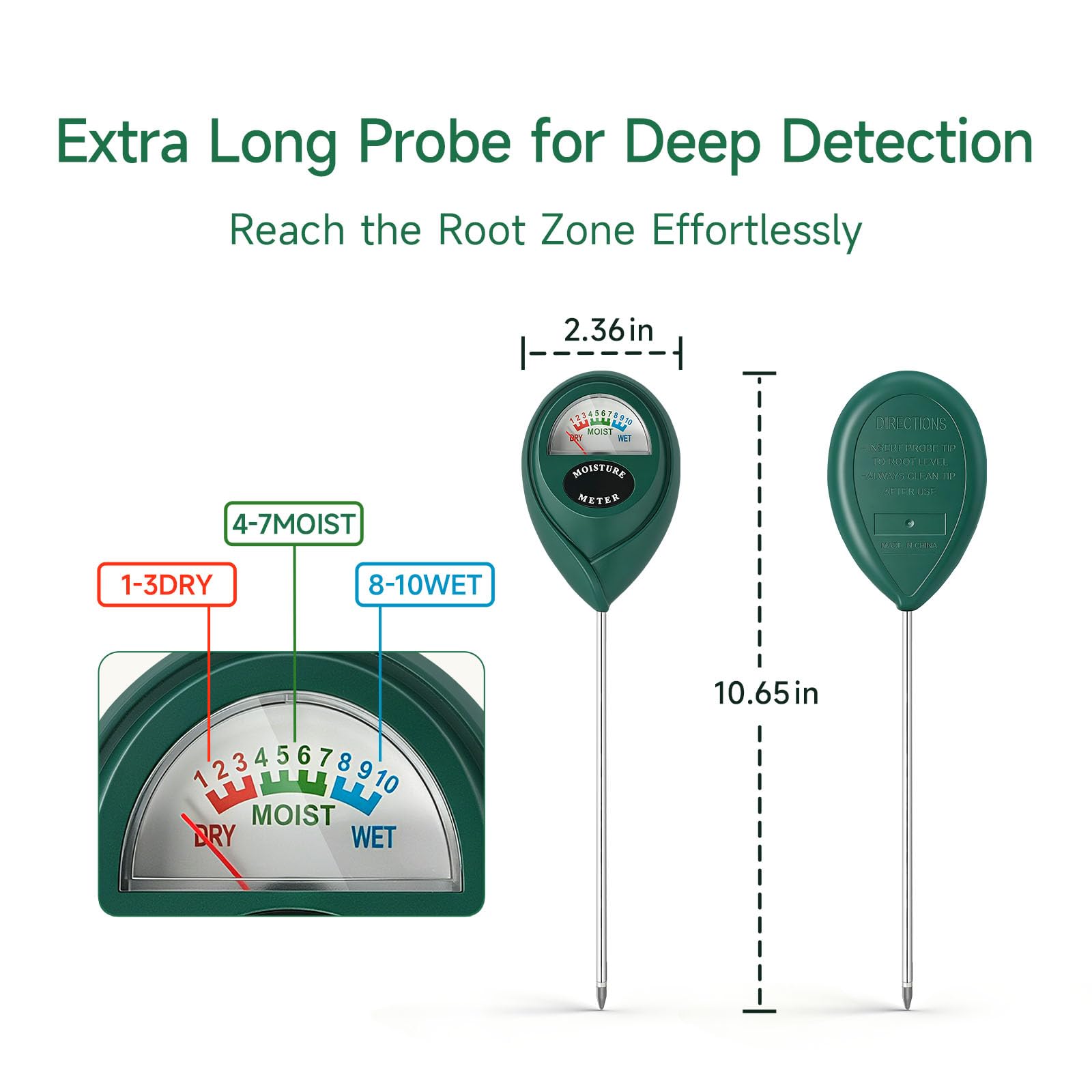 Zoiydals Soil Moisture Meter probe inserted in soil