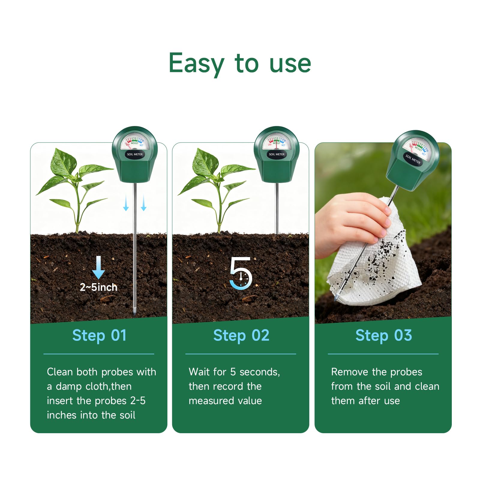 Zoiydals Soil Moisture Meter probe inserted in soil