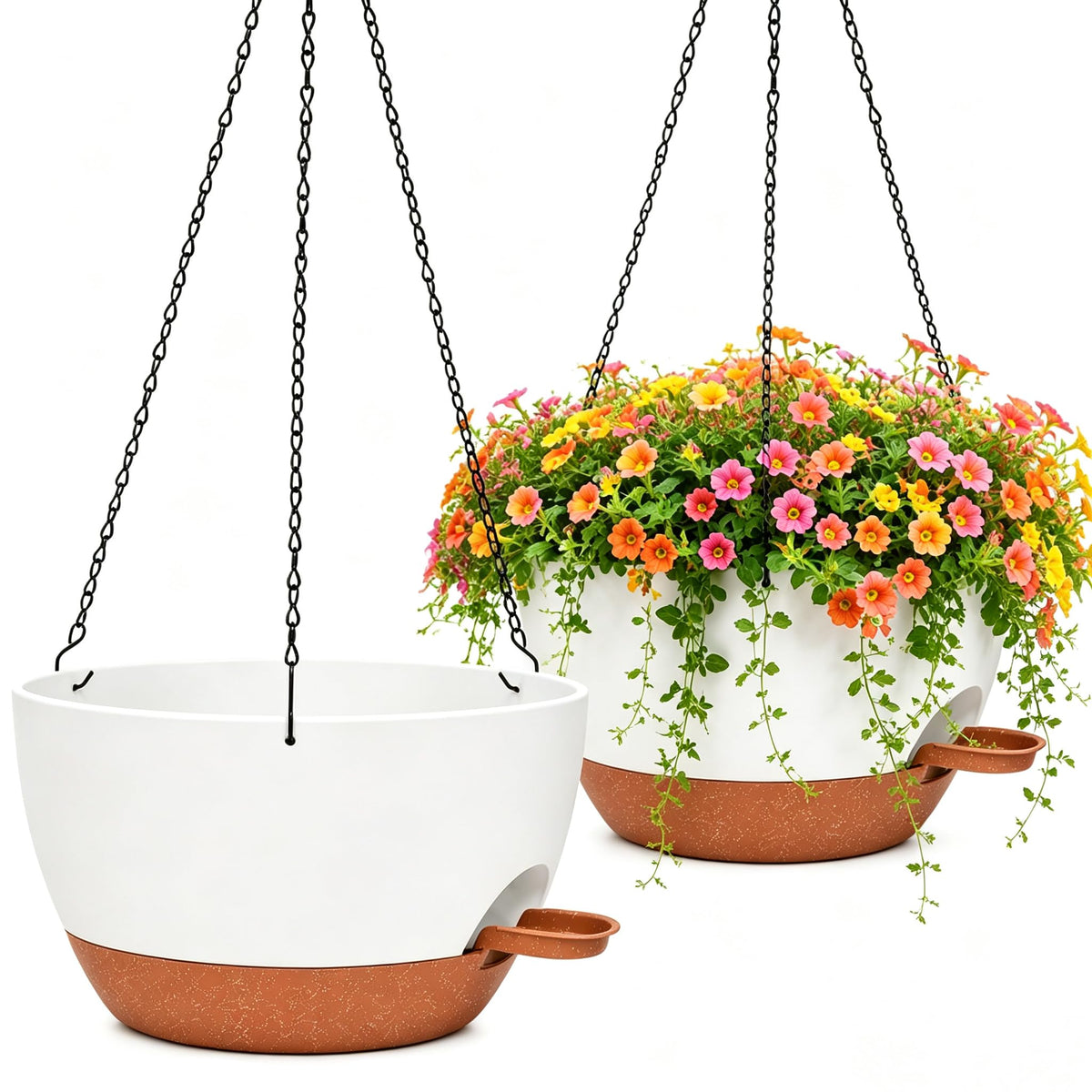 zople 12-inch self-watering hanging planter front view in white brown