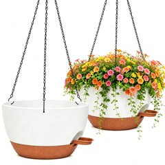 zople 12-inch self-watering hanging planter front view in white brown