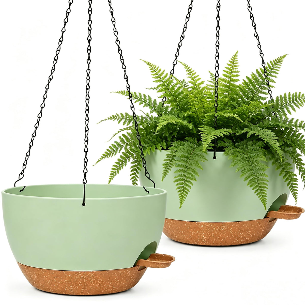 zople 12-inch self-watering hanging planter in green brown with chain
