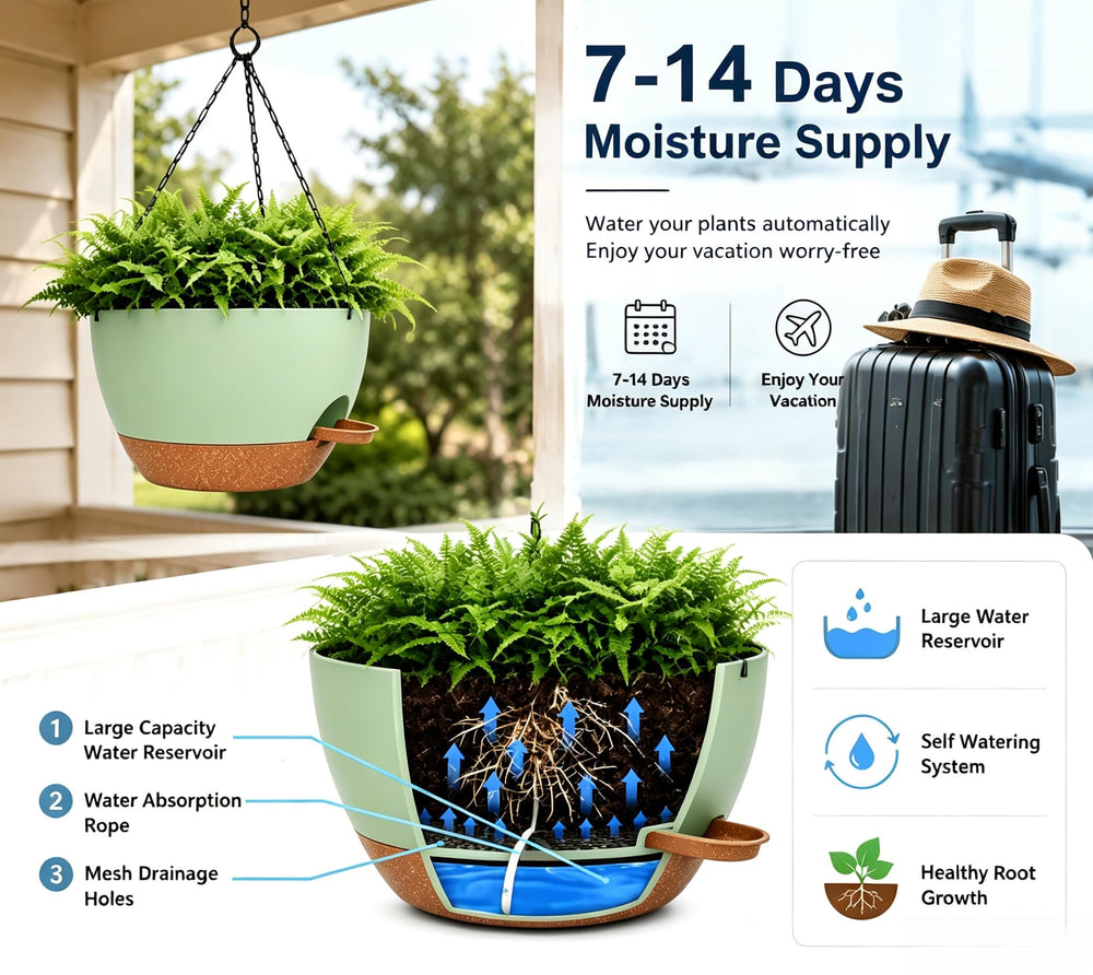 zople hanging planter showing self-watering reservoir feature