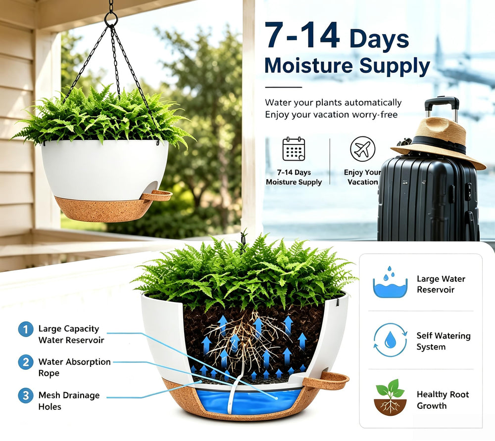 zople self-watering hanging planter side view with adjustable chain