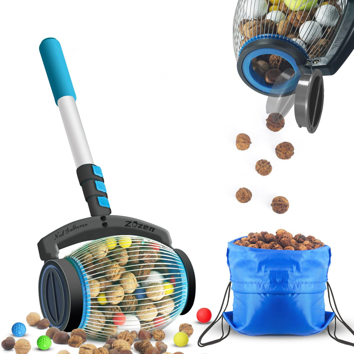 zozen Nut Gatherer side view with blue finish