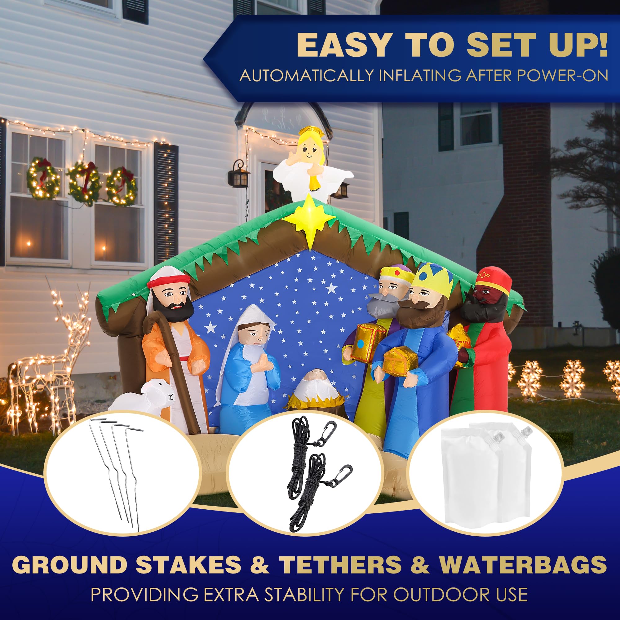 ZPISF inflatable nativity scene with ground stakes and tethers