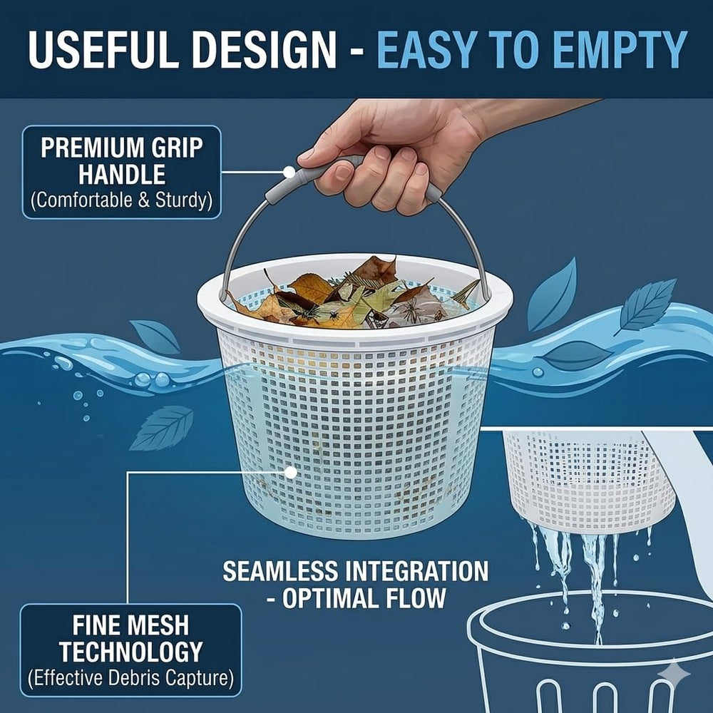 ZTTM pool skimmer basket in use at pool surface