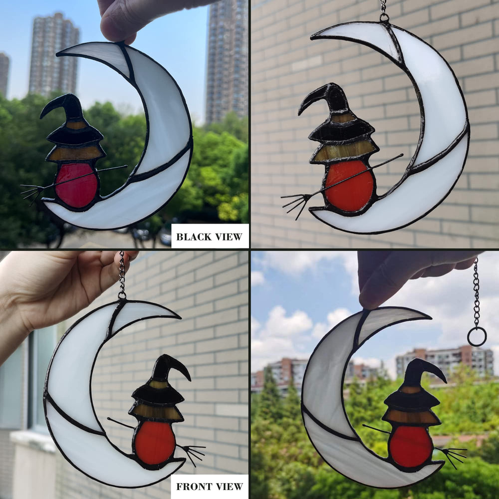ZUAJITER Witch On Moon Suncatcher displayed on a wall