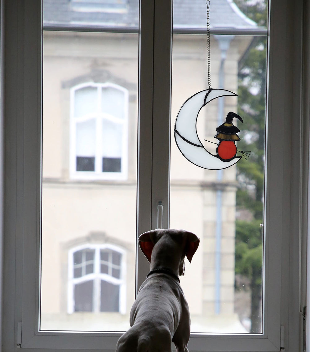 ZUAJITER Witch On Moon Suncatcher in a cozy living room