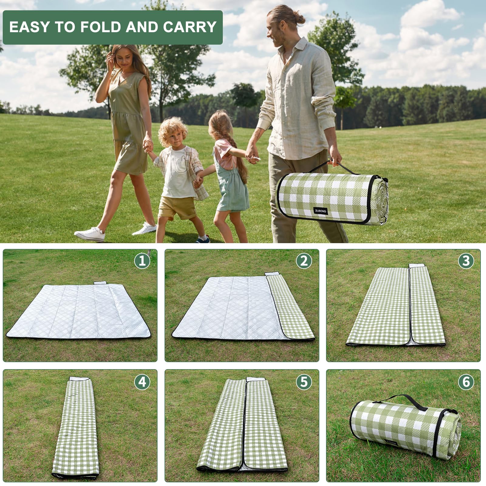 ZUBOND picnic blanket showcasing its compact fold