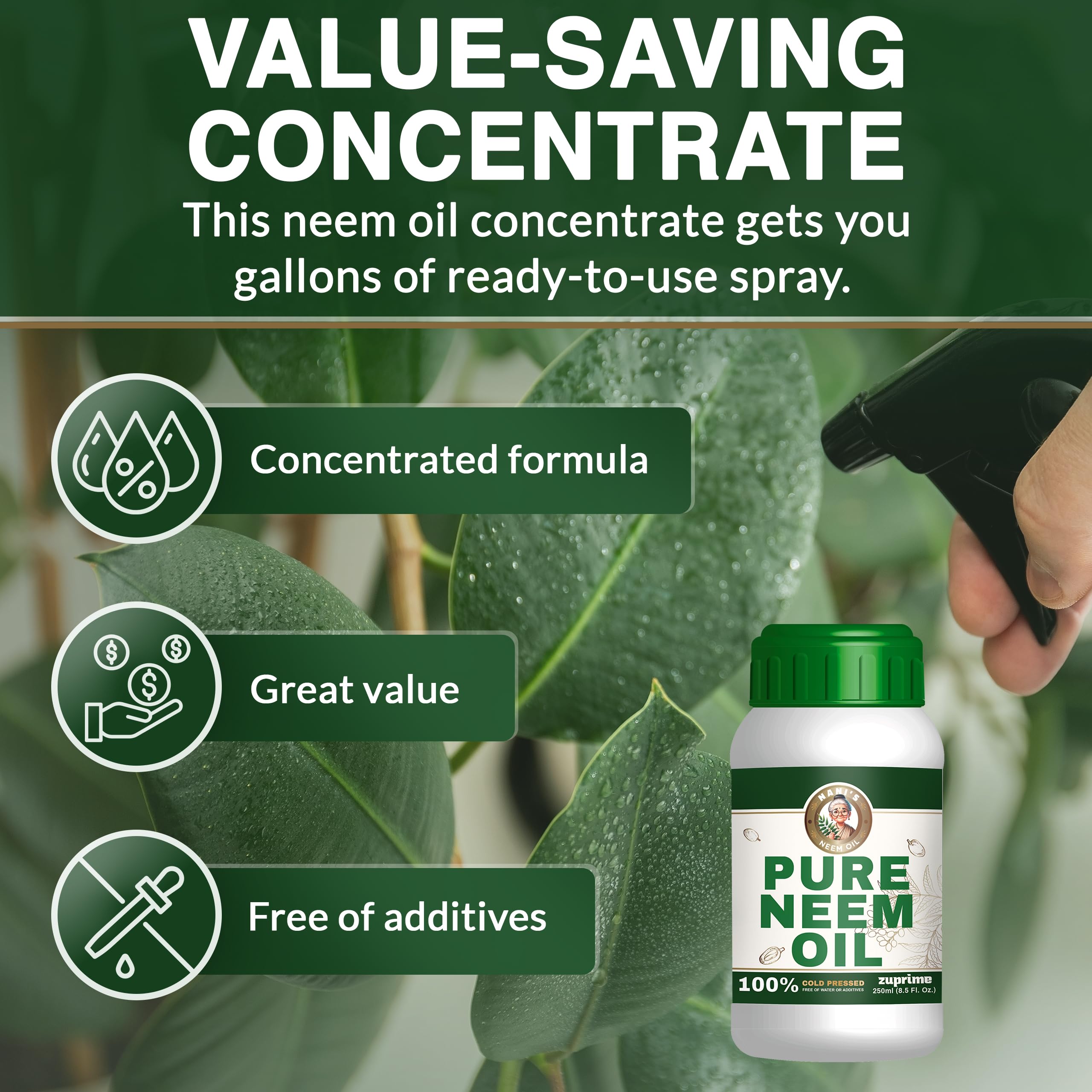 Zuprime Pure Neem Oil 8.5 Fl Oz side view with measurement