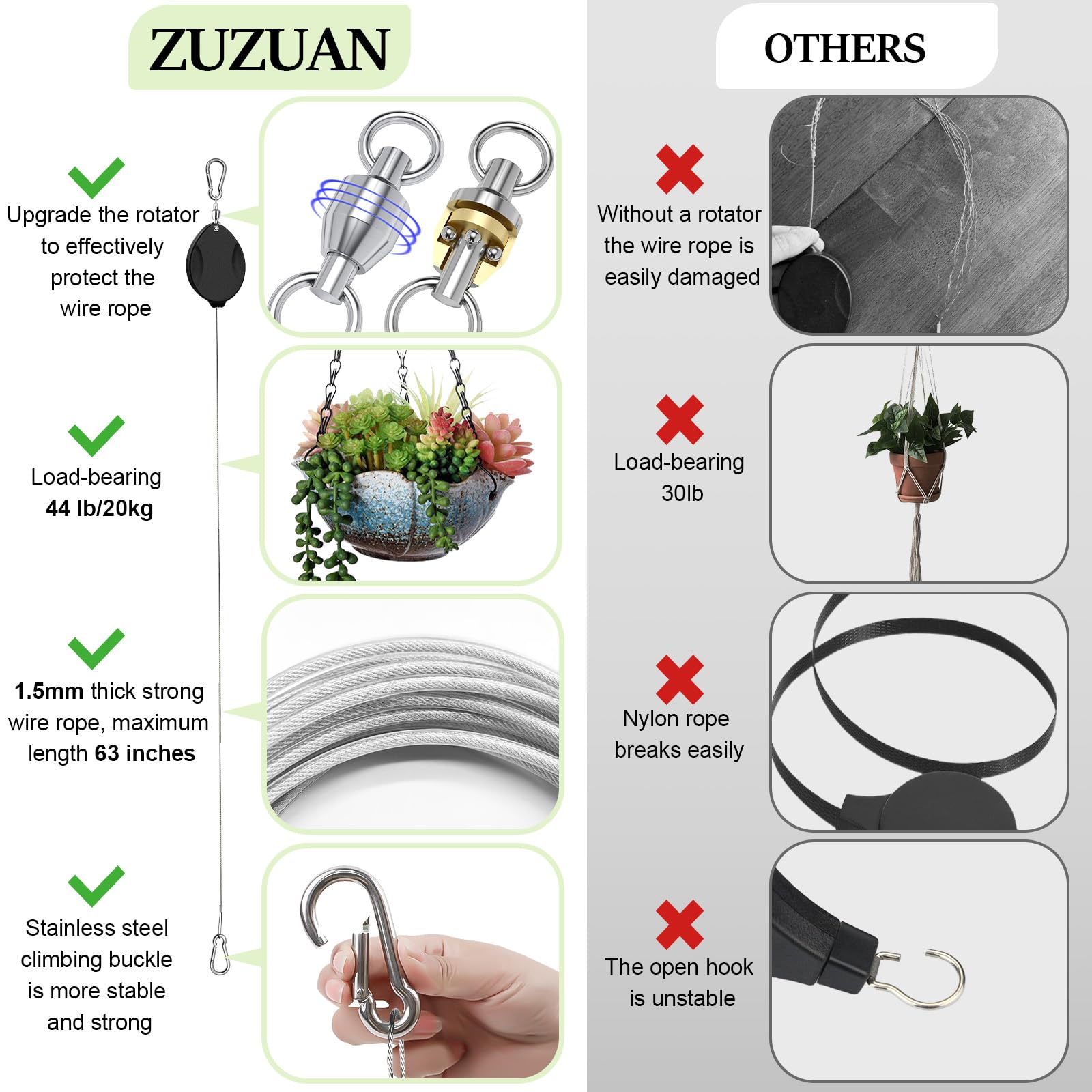 ZUZUAN plant hanger demonstrating height adjustment feature