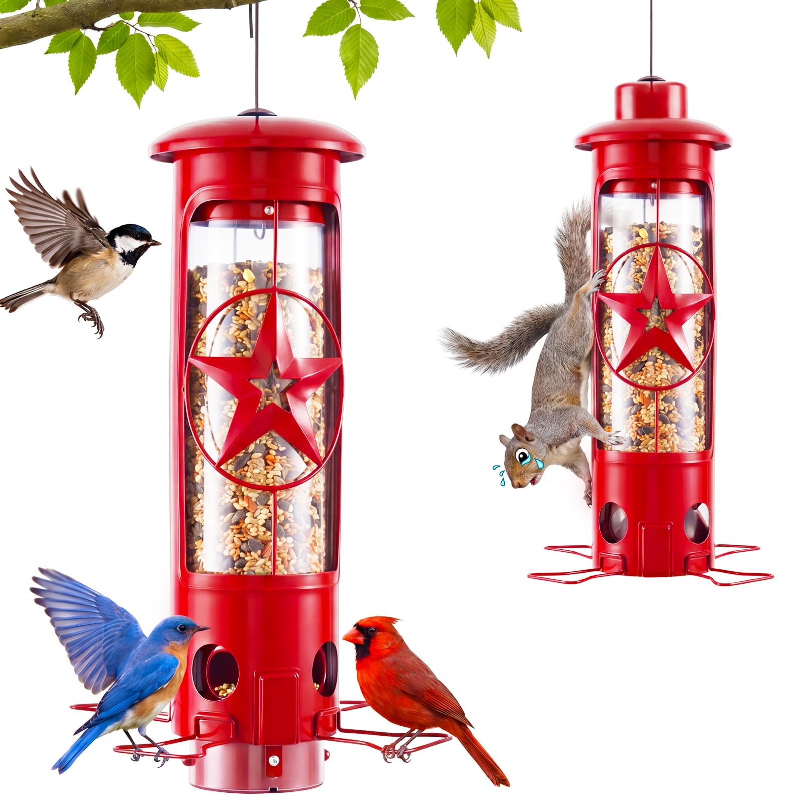 ZZOOEE Squirrel Proof Bird Feeder front view, red colour